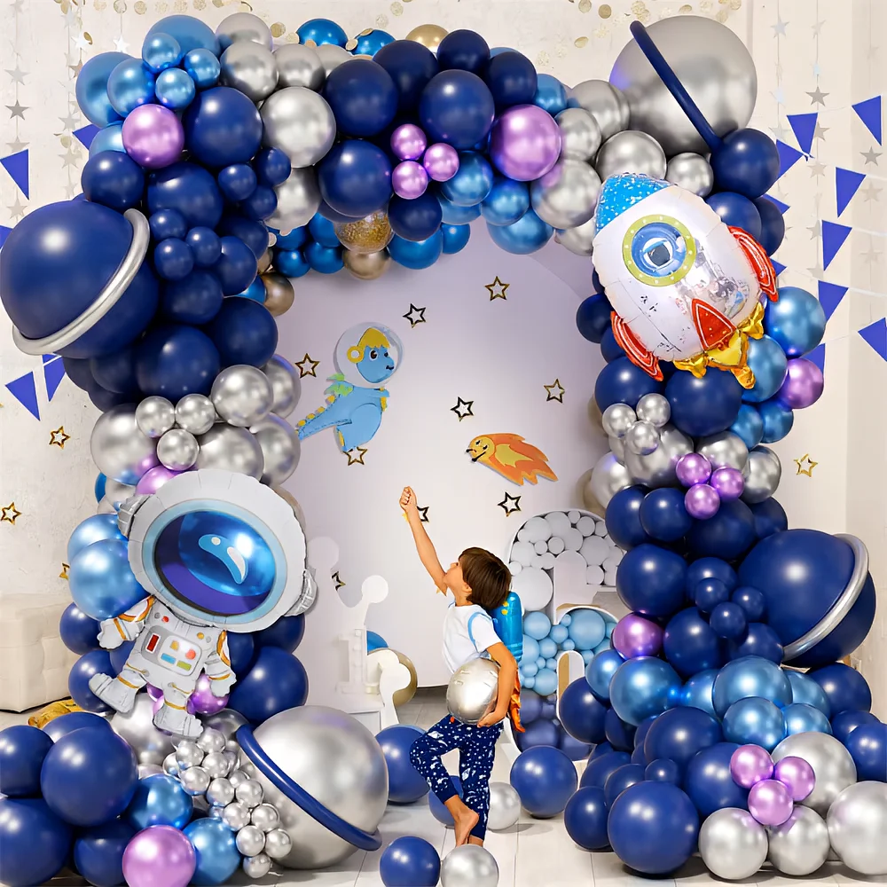 طقم إكليل بالونات الفضاء لرائد الفضاء مكون من 122 قطعة مع بالون من رقائق معدنية لرائد الفضاء لديكور حفلات أعياد الميلاد للأطفال