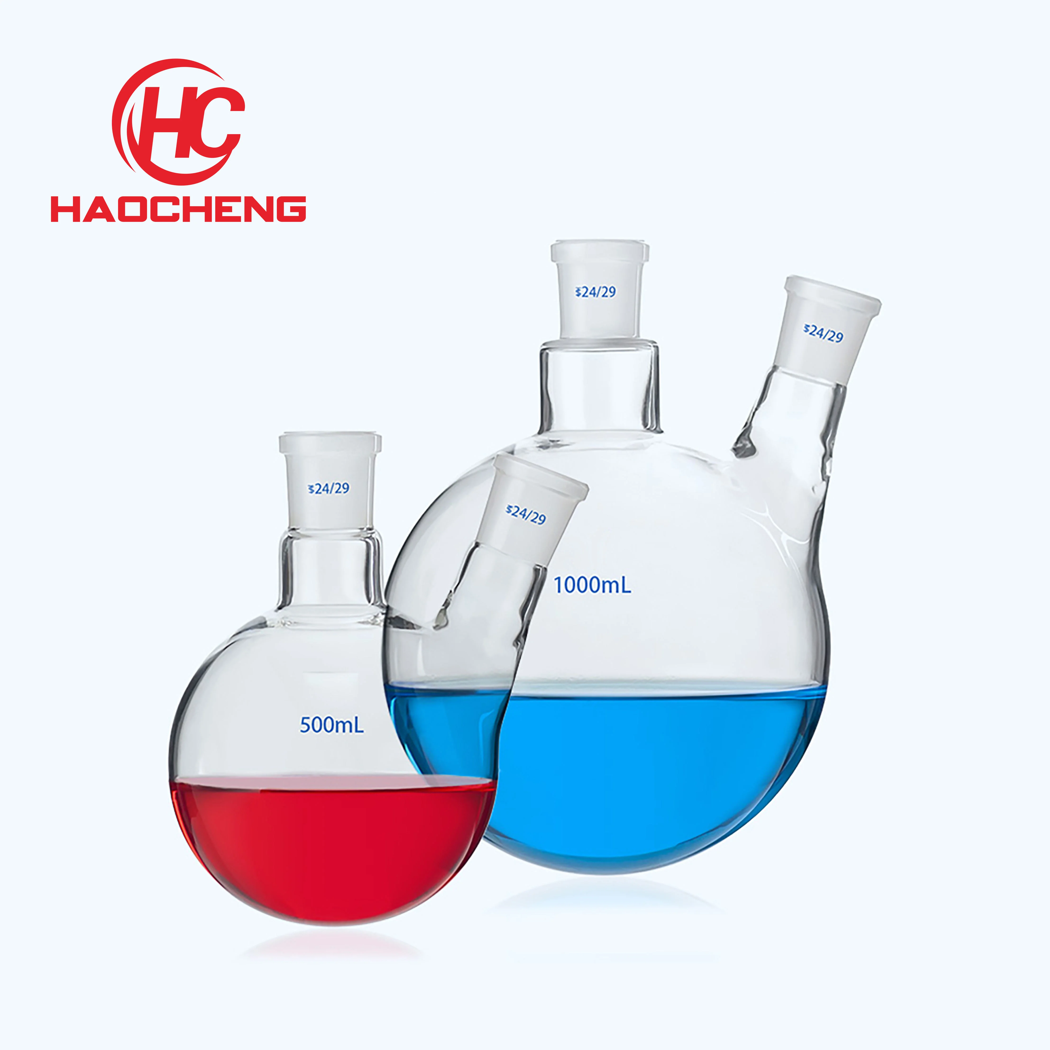 Laboratory high round bottomed glass 2-neck distillation flask with 2 standard angled adapters