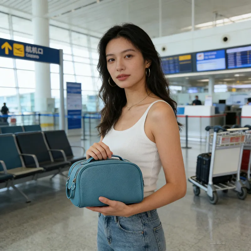 Blue First layer cowhide women makeup bag high-end travel portable large capacity makeup bag soft toiletry light luxury storage