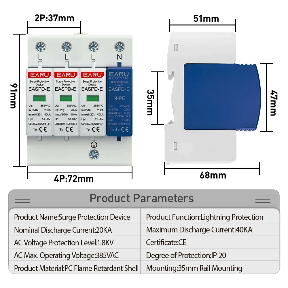 2P 4P AC SPD 1P+N-PE 20KA 40AK 50KA T1 T2 275V 385V House Surge Protector Protective Low-voltage Arrester Device