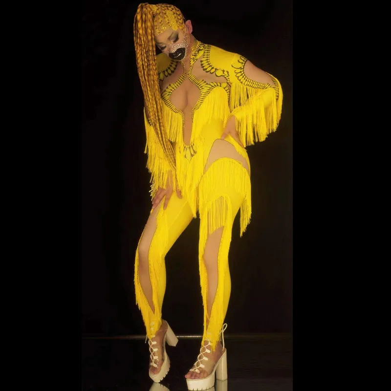 

Yellow Tassel Jumpsuit Women Long Sleeve Spandex Skinny Fringe Leotard Sexy Stage Wear DJ Singer Dancer Party Show Costume