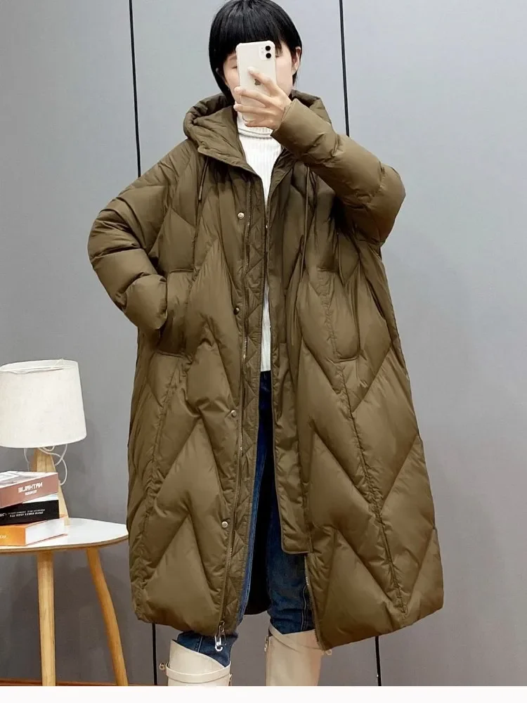 2023 off season new European down jacket women's medium length Korean version knee size loose hooded thickened winter coat