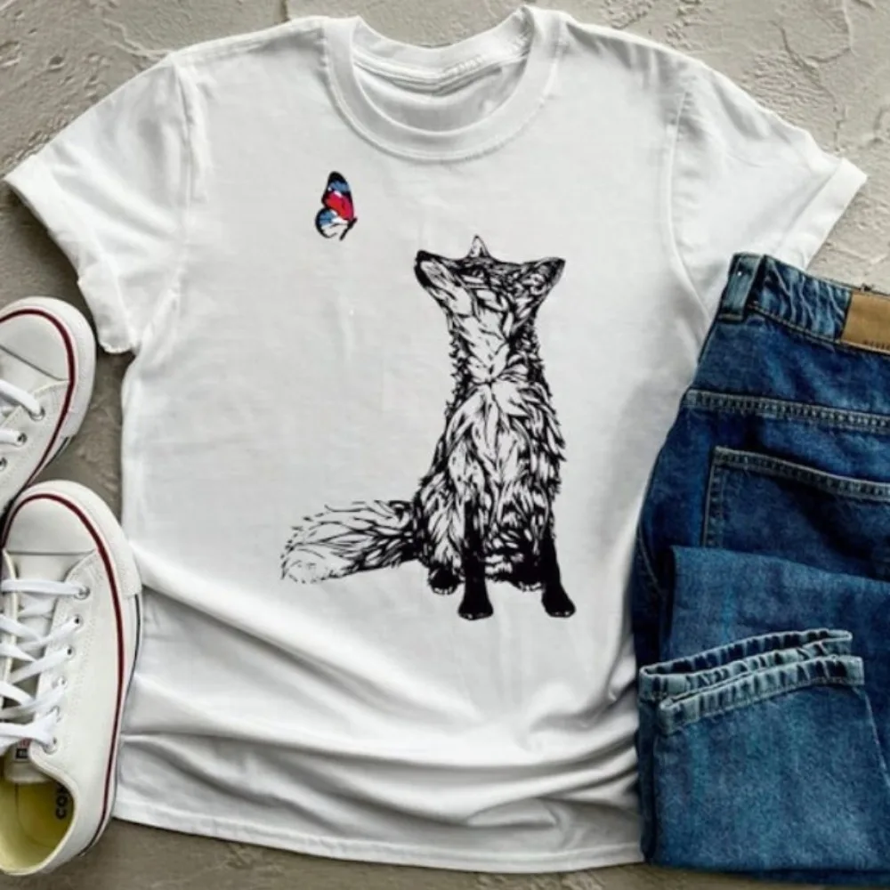 Fox and Butterfly Shirt Organic Cotton Nature Top Vegan Friendly T-shirt Hand Drawn Graphic Tee Soft Fitted Shirts for Women