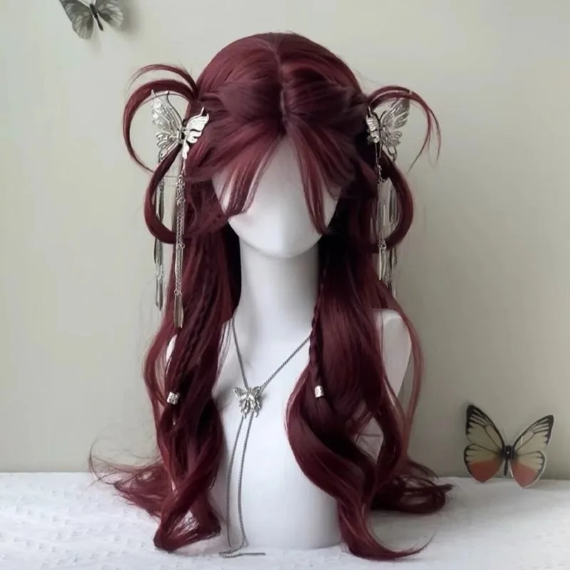 Rode pruik, lang haar, kunstmatig gesimuleerd haar anime spelaccessoires, cosplay, volledig hoofddeksel, krullend haar, fotoshow rekwisieten