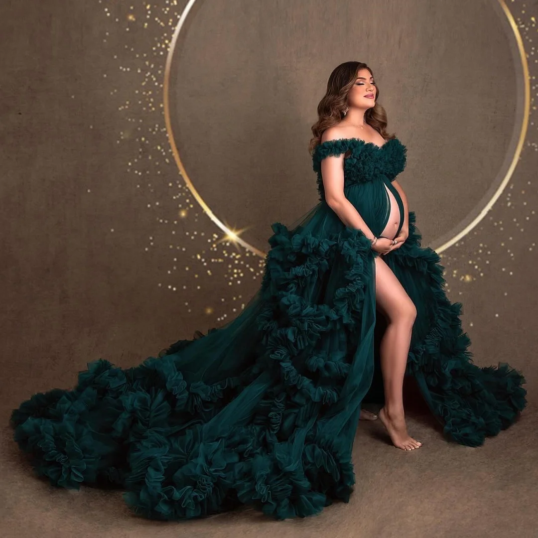

Hunter Green Prom Dresses Ruffles Maternity Photoshoot Dress Customized Layers vestido de novia Photography Props