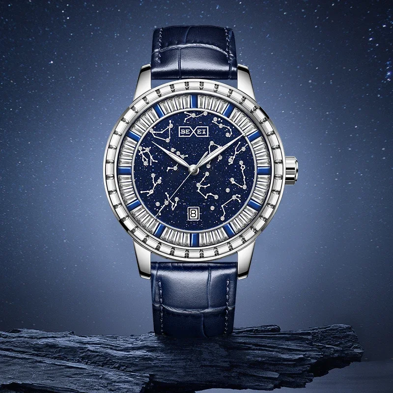 

Leisure Elegance Automatic Man watch Mechanical Luminous Astronomy Dial Square Diamond Ring Wristwatch Fashion Date Men's Watch