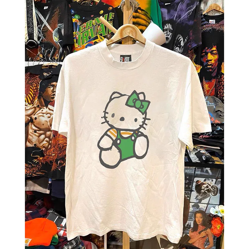 New Hello Kitty Summer with Short Sleeves Couple Model for Men and Women Y2K Pure Cotton Fabric T-Shirt Kitten with A Headdress