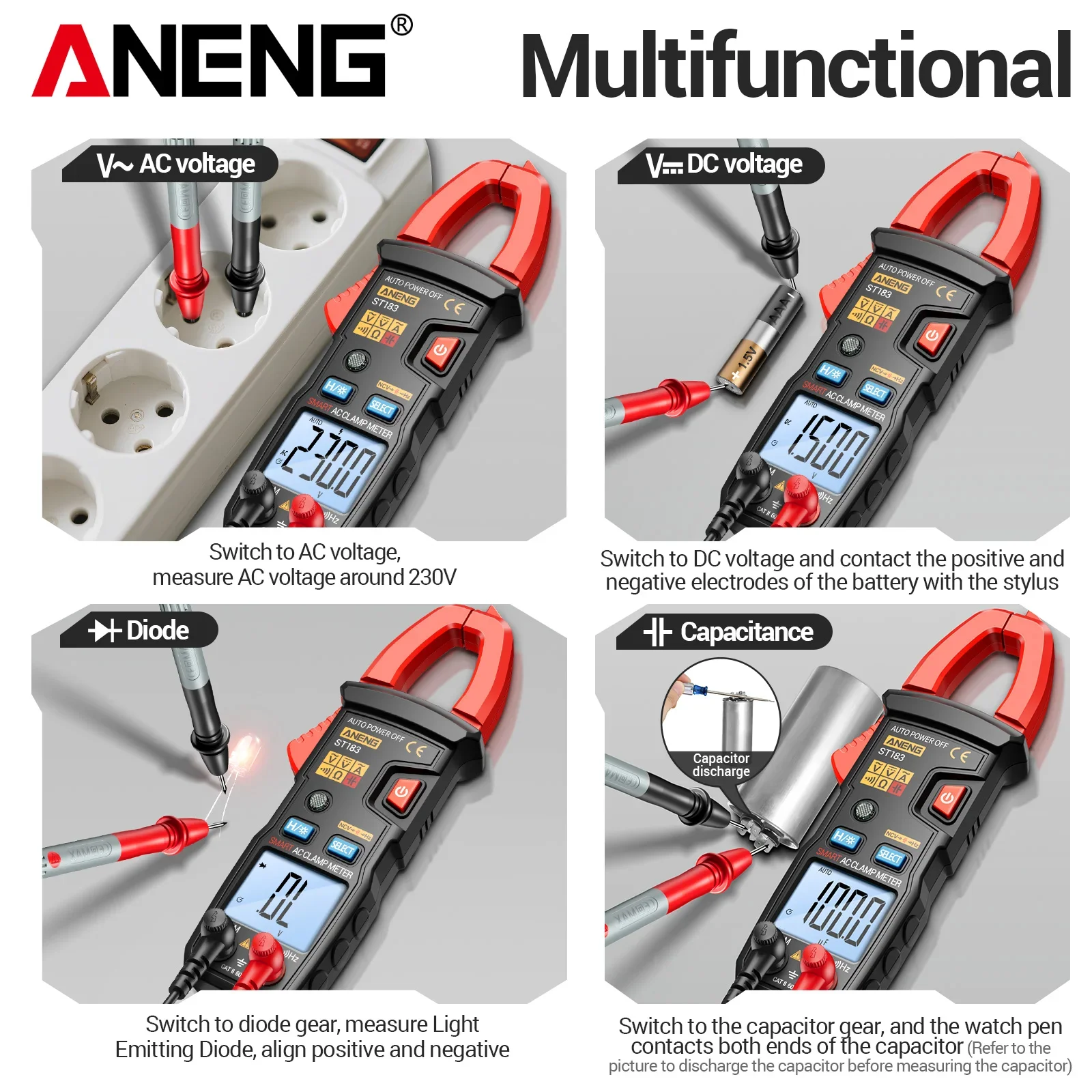 ANENG ST183 Multifunctional Digital Clamp Meter 6000 Counts True RMS 600A AC/DC Current Voltage NCV Multimeter Capacitor Tester
