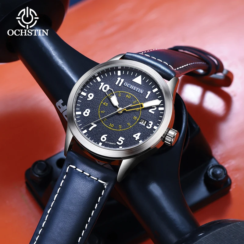 Automatic Mechanical Men\'s Business Watch Classic Timepiece Leather Strap Yellow Dial Date Calendar Male Daily Dress Wristwatch