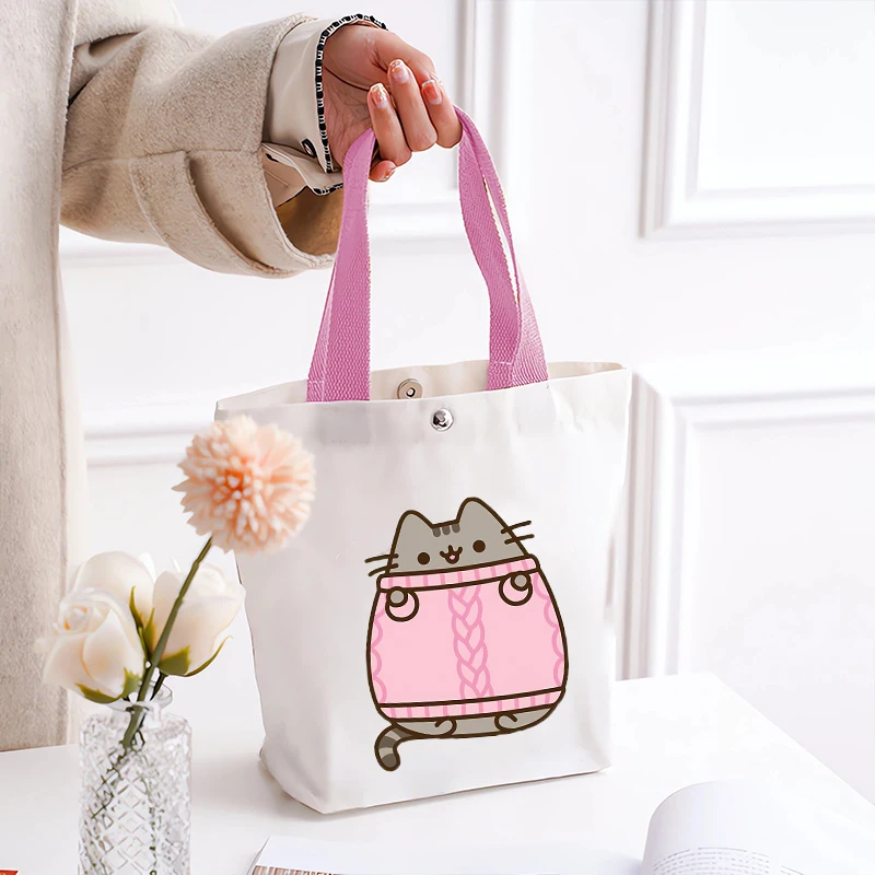 Pusheens Kawaii Tote Bags Girls Anime Cat Canvas Handbag Women Outdoor Travel Shopping Pouch Fashion Portable Package Kids Gift