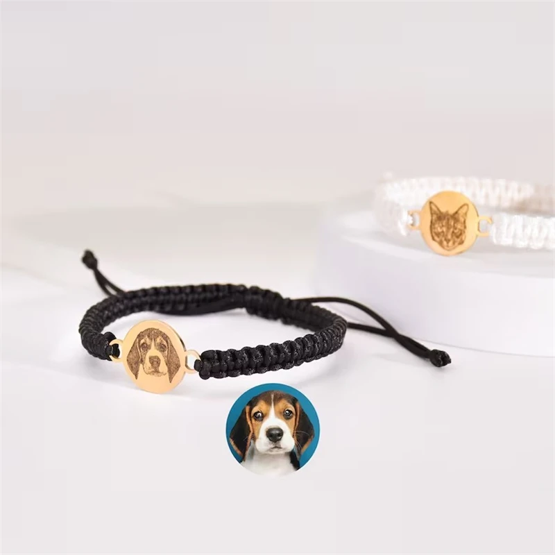 Personalized Photo Portrait  Bracelet Custom Dog Photo Charm Bracelet Pet Picture braided rope Bangle Memorial Jewelry Gift