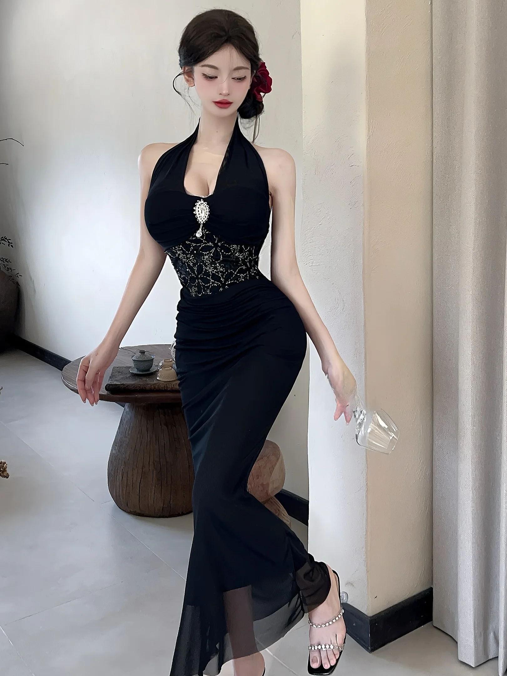 Seksowna długa spódnica z odkrytymi ramionami, letnia nowość, styl koreański, elegancka, damska spódnica maxi.