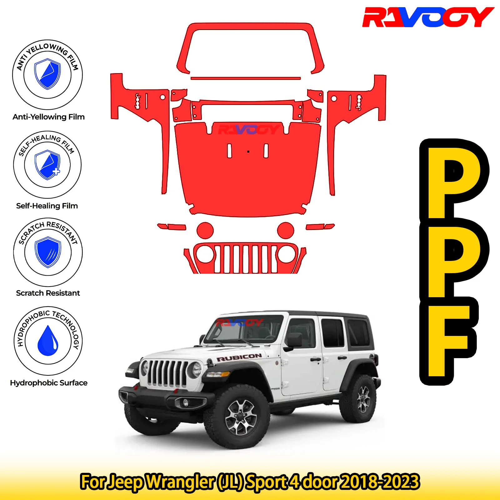 

For Jeep Wrangler (JL) Sport 4 door 2018-2023 Glossy Matte Black Precut front PPF Kit Paint Protection Film