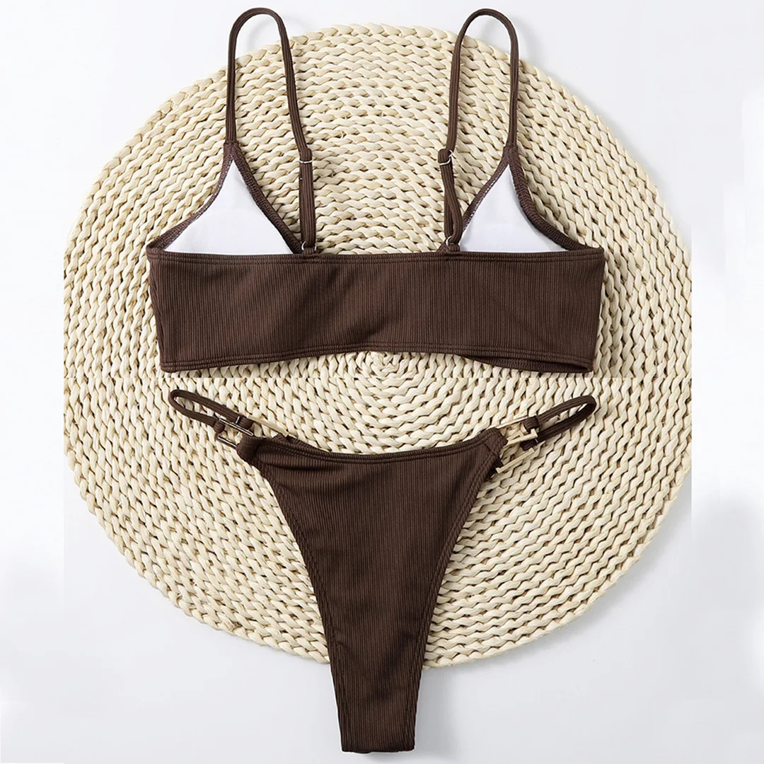 Sexy, gerippter, hoch geschnittener Bikini, Damen-Badeanzug, zweiteiliger Bikini mit Polsterung, Badebekleidung, Badeanzug, Damen-Bikini V7111 – Detail 27
