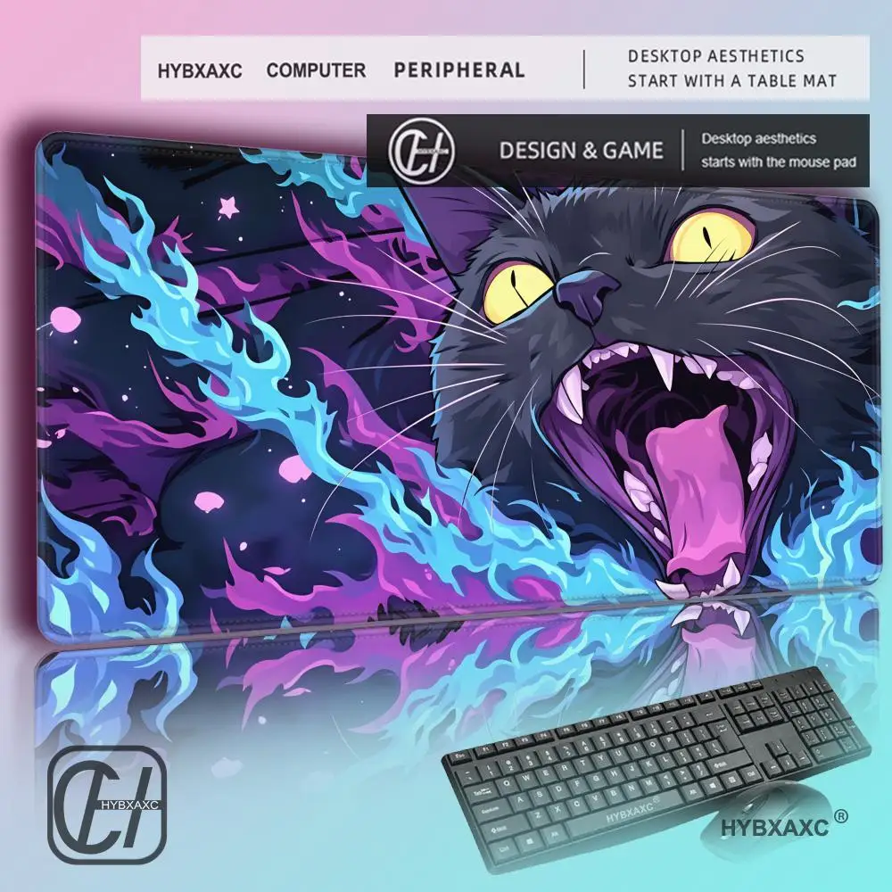 HYBXAXC Neon Flaming Magic Cat Magic Party Game Mat Durable Rubber for MTG&TCG Games Mouse Pad Offices Desk Mats Friendly Design