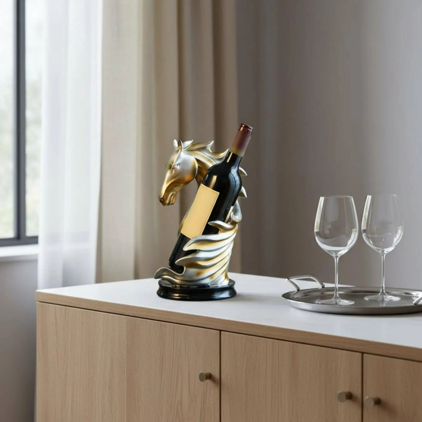 Elegante Botellero con Forma de Caballo, Soporte para Botellas de Vino Ecuestre, Decoración Coleccionable para el Hogar, Ahorra Espacio en la Mesa del Comedor