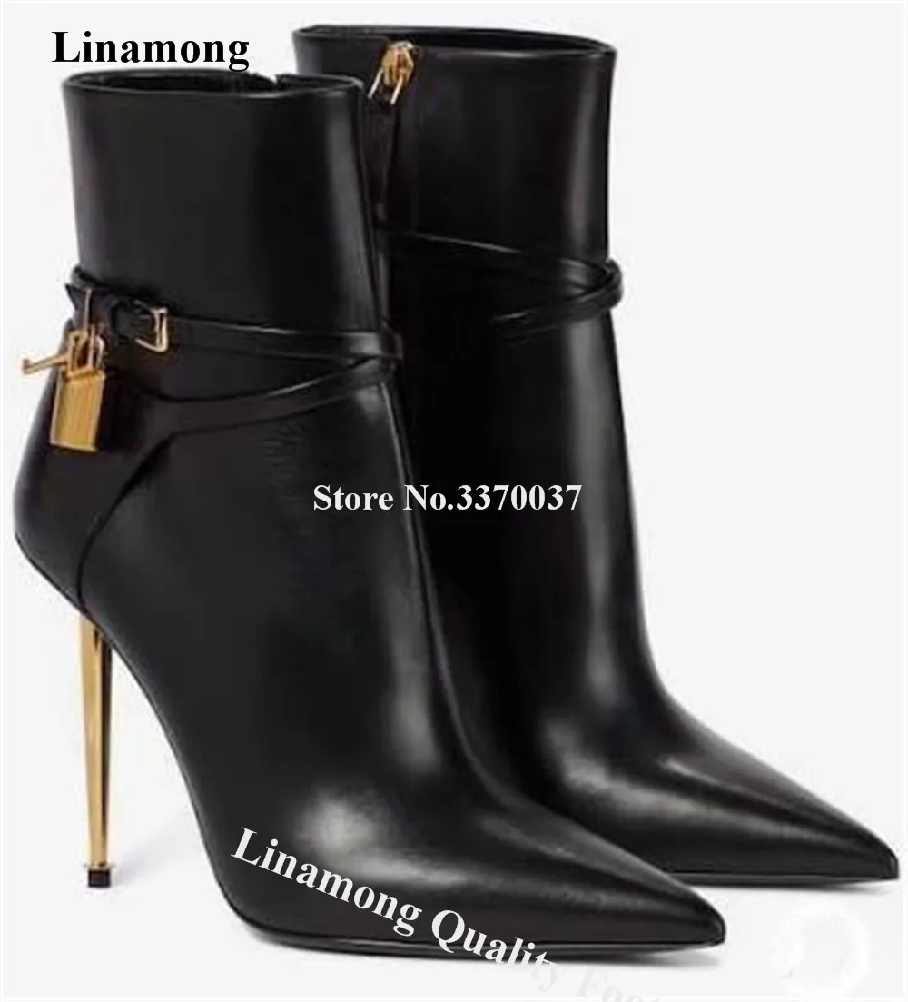 

Golden Locks Decorated Short Boots Linamong Brand Fashion Pointed Toe Black Matte Leather Metal Stiletto Heel Short Booties