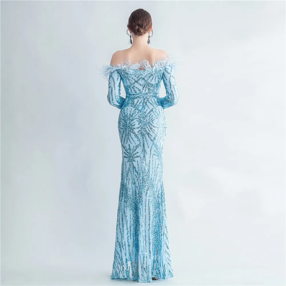 DongCMY High Density Feather Sequin One-shoulder Long Sleeve Fishtail High-end Evening Dress 31119