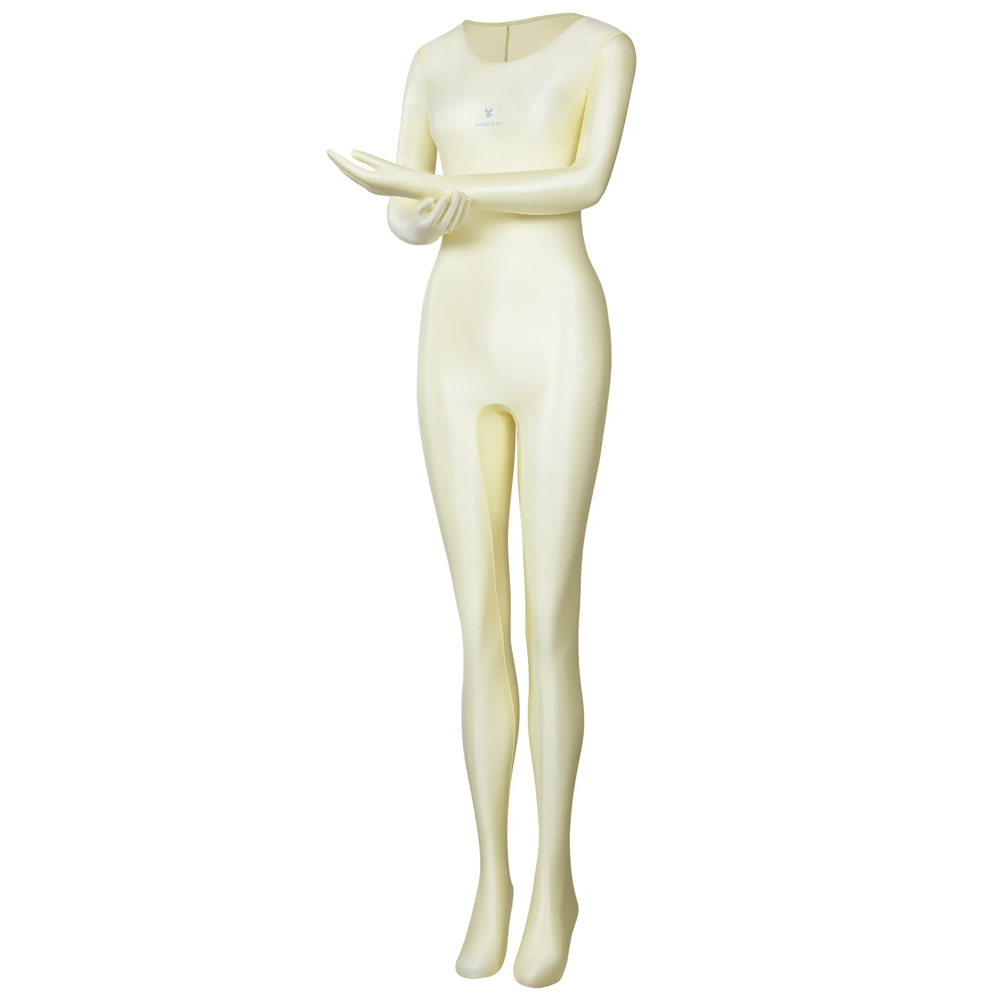 AMORESY dünner, glänzender, ölig glatter, farbenfroher Ganzkörper-Jumpsuit, einfarbig, Rundhalsausschnitt mit Handschuhen, lange Ärmel, Strumpfhose – Detail 5