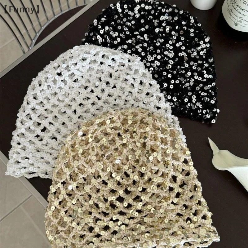 ΣFunny SigurRetro Hohle Pailletten Beanies Cap Y2K Sommer Herbst Dünn Atmungsaktiv Vielseitig Show Face Little Cute Pullover Hüte Damen