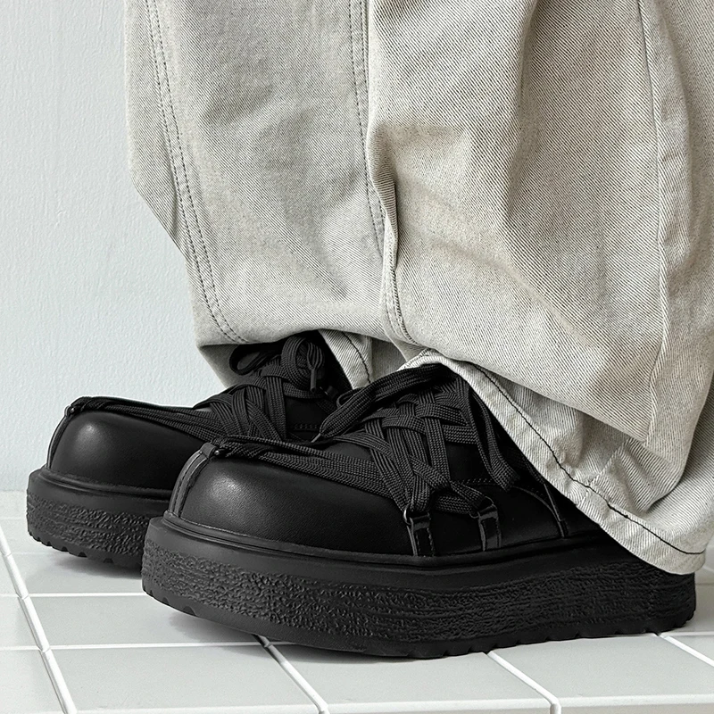 Korean style men's fashion stage nightclub platform shoes black designer lace-up oxfords shoe original leather sneakers footwear