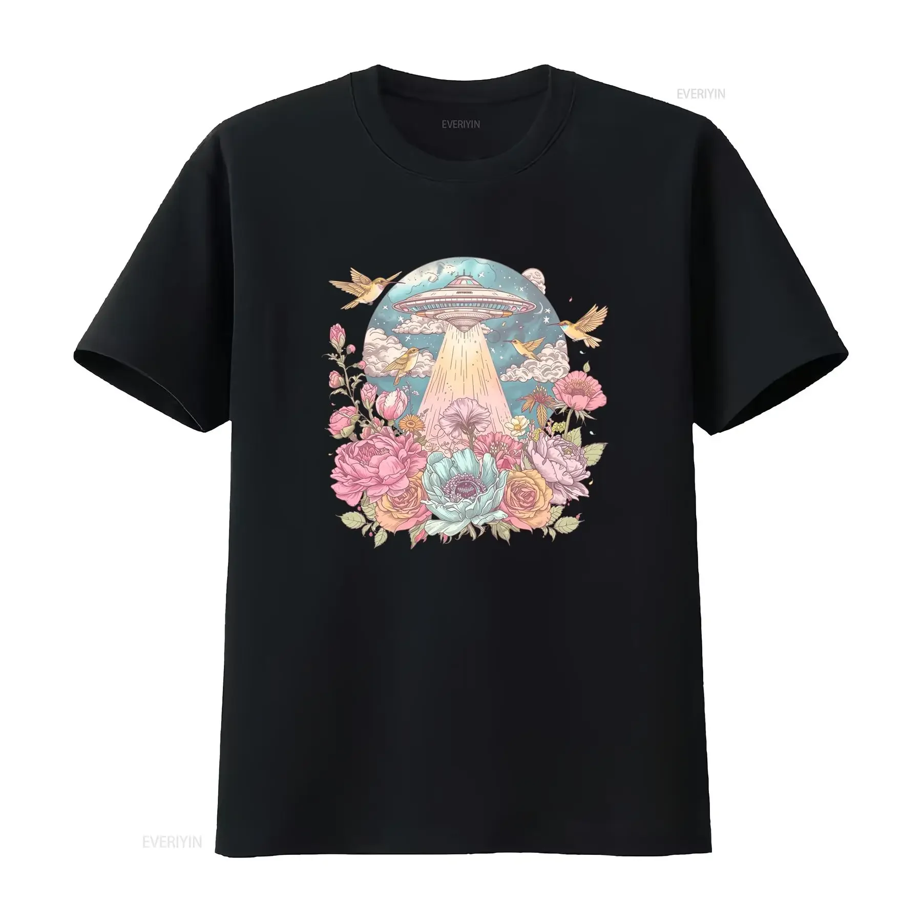 UFO T Shirt Floral Abduction Alien Spaceship Flowers Natural Beige Color Cotton vintage Washed Comfortable Breathable graphic