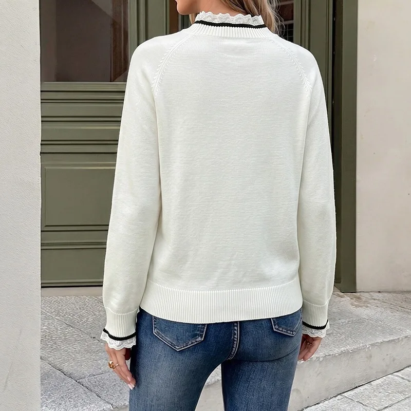 Women's Bow Decor Pullover Sweater Crew Neck Contrast Trim Long Sleeve Knit Loose Fit Casual Commute Office Daily Wear Knit Top