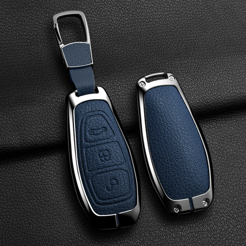 

New Auto Zinc Alloy Leather Car Key Case Cover for Ford Focus 3 4 ST Mondeo MK3 MK4 Fiesta Fusion Kuga 2013 2014 2015 2017