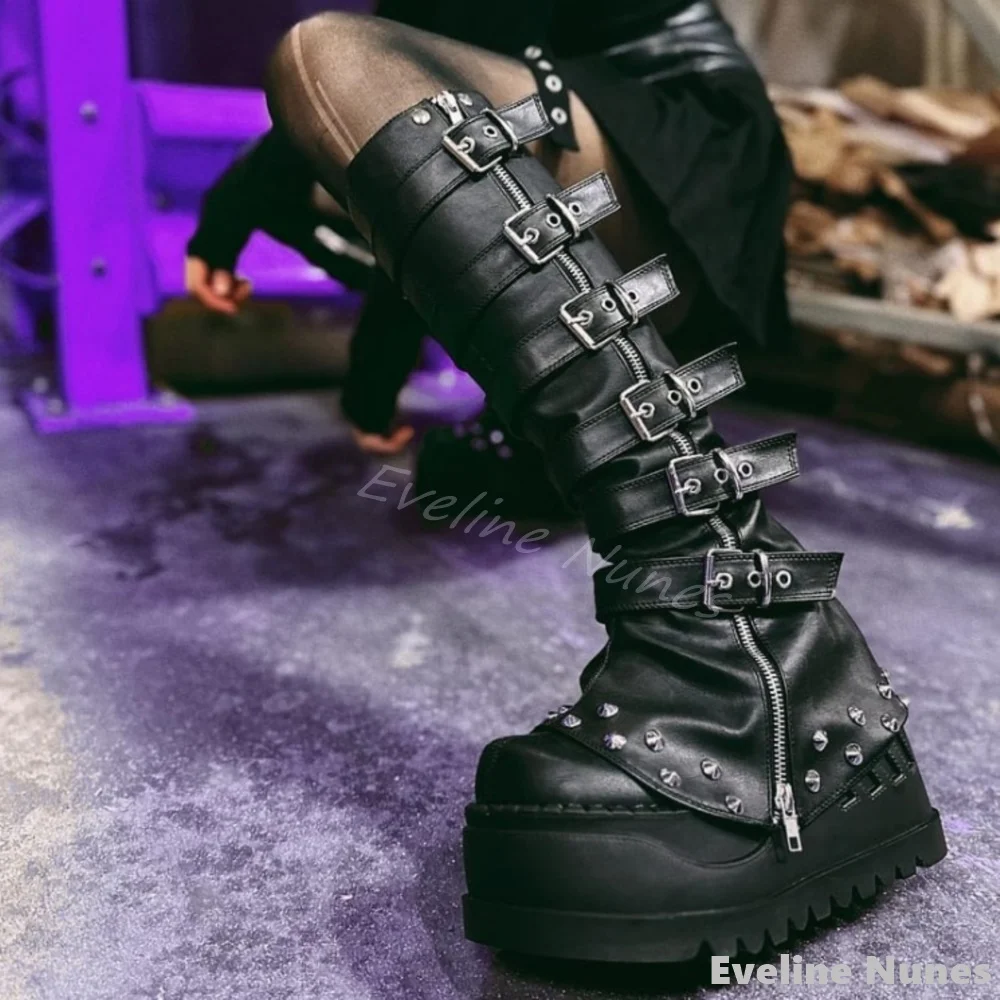 

Combination Leg Cover Thick-soled Shoes Women Round Toe Punk Gothic Metal Rivet Belt Buckle Knee High Boots Black Hotties Boots