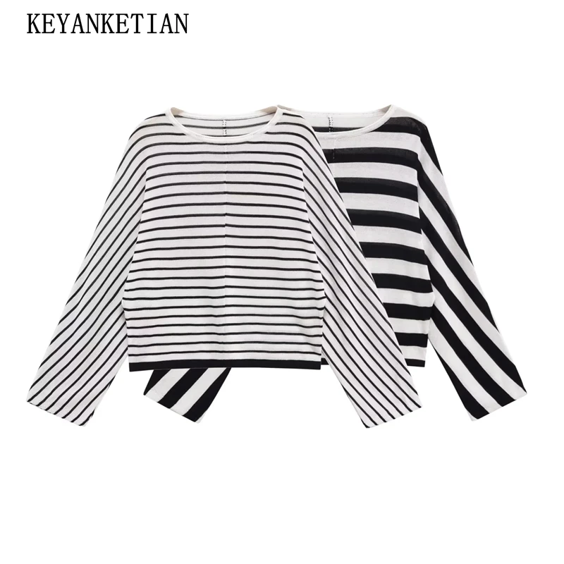 

KEYANKETIAN 225, осенний новый женский полосатый вязаный топ контрастного цвета, стиль для отдыха, лоскутный дизайн, пуловер с круглым вырезом и длинными рукавами