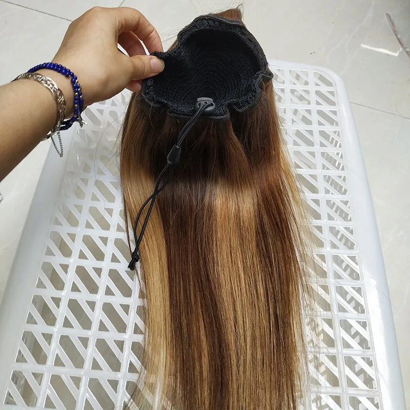 고품질 인모 하이라이트 피아노 컬러 P4/27 대비색 드로스트링 포니테일 스트레이트 포니테일 패셔너블