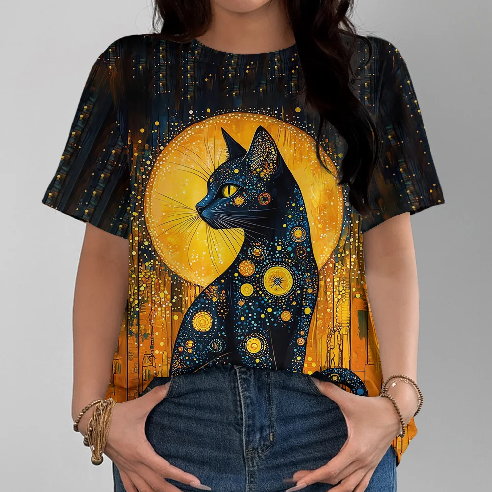 تي شيرت نسائي من Moon and Stars Mysterious Cat Art كاجوال أنيق مريح بأكمام قصيرة باللون الأسود #3