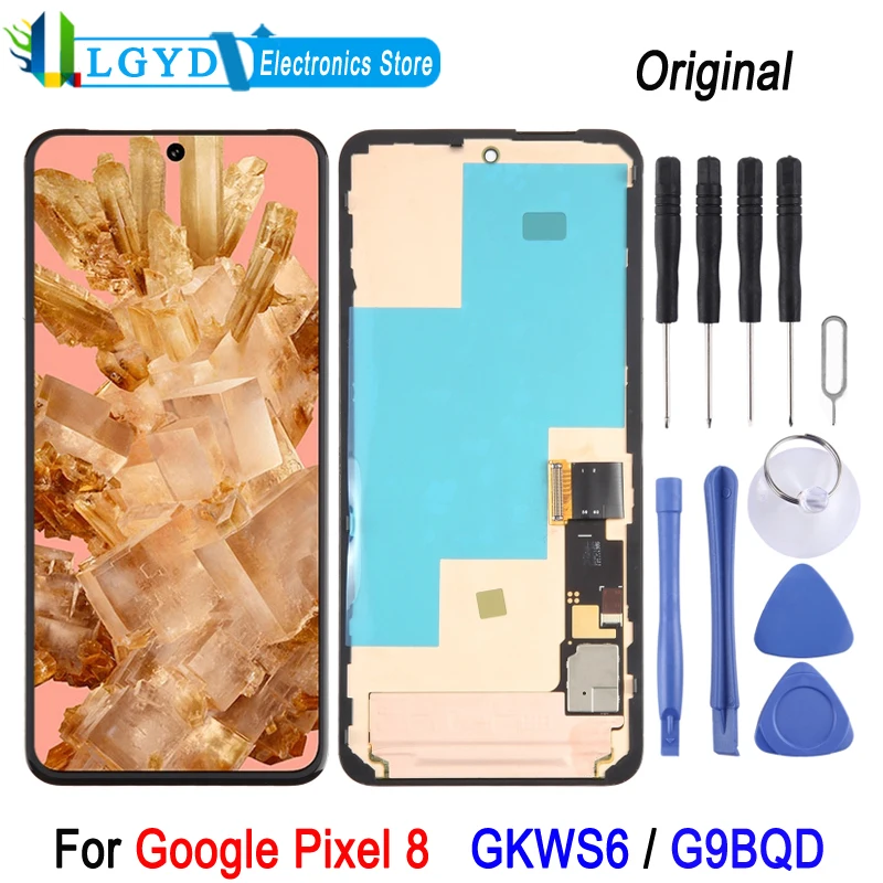 6.2-inch OLED Screen with Frame For Google Pixel 8, Model: GKWS6 / G9BQD LCD Display Touch Screen Full Assembly Replacement Part