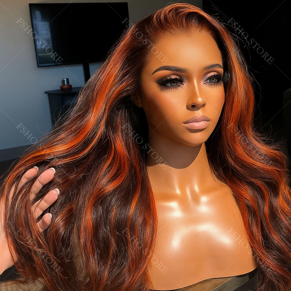 تسليط الضوء على الباروكات شعر الإنسان الجسم موجة 5x5 الدانتيل أمامي غلويليس الباروكات جاهزة للارتداء # 4/350 أومبير الزنجبيل مختلط اللون شعر مستعار الإنسان