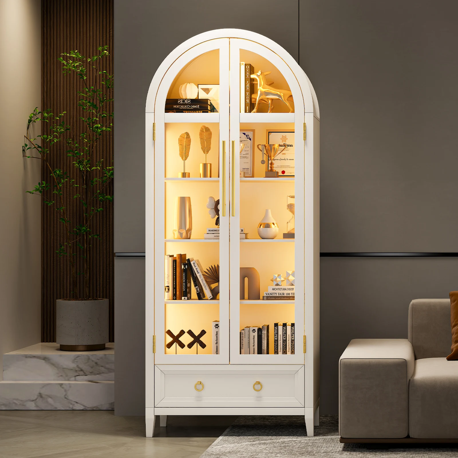 JDPAG Vitrina arqueada de 73" de alto con puertas de vidrio, gabinetes de curiosidades de 4 niveles con luces de 3 colores para coleccionables