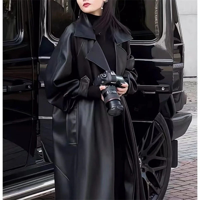 High end luxo temperamento longo casaco de couro preto blusão para as mulheres primavera outono moda magro couro do plutônio trench casaco