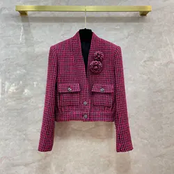 Autumn Chic Women's High Quality Plaid V-neck Tweed Jackets Elegant Short Coat F321