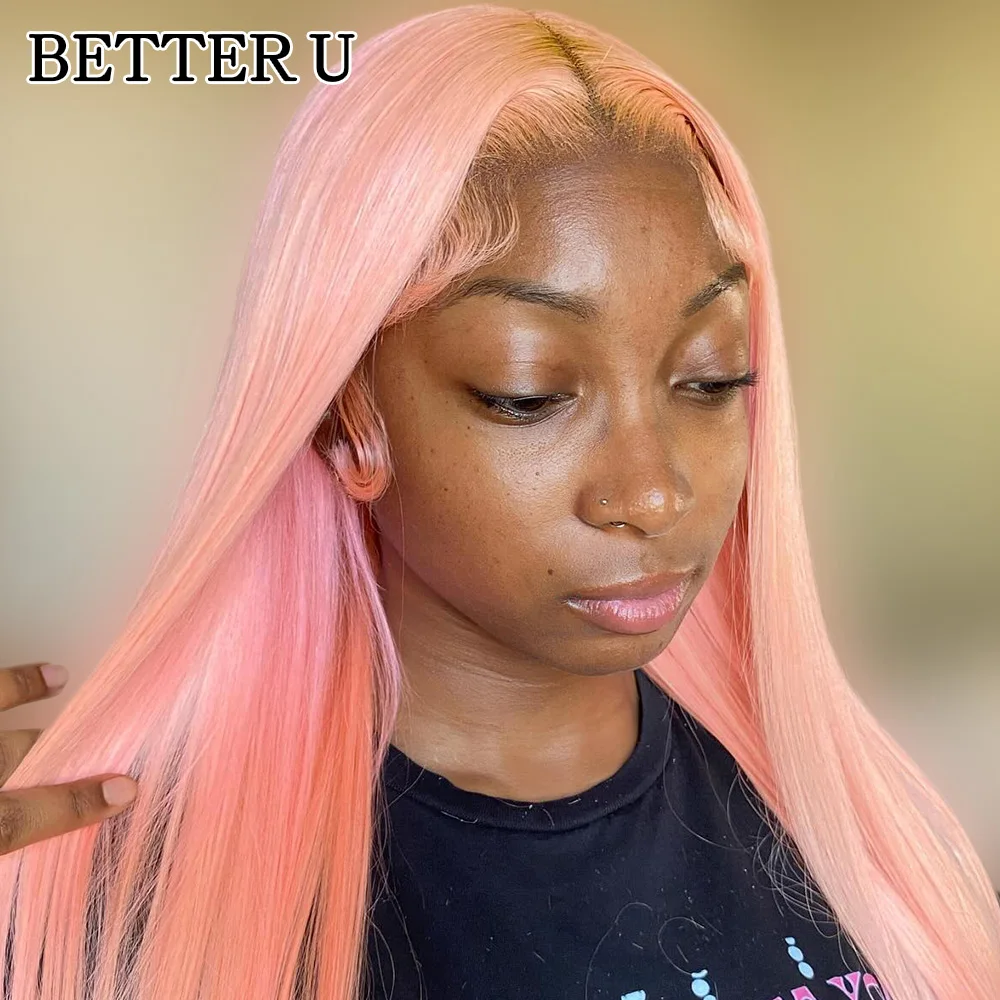 human hair straight 13X6 lace front pre-stretched wig transparent lace front wig Light pink 13x4 high gloss wig 250 density