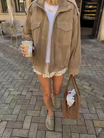 Casual Short Suede Jacket Women Fashion Chic Stand Collar Zipper Pocket Loose Outerwear Lady Autumn New Daily Highstreet Jackets