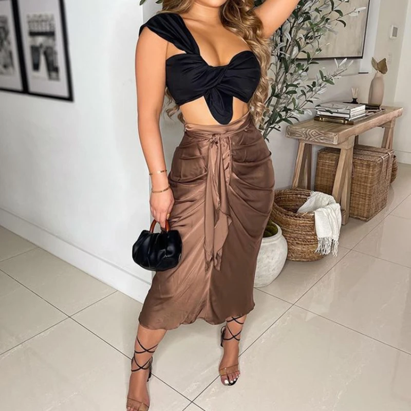 

2021 New Pleated Slim Satin Bread Butt Skirt Women's Fall Temperament Women's Pure Color and Calf Skirt Fashion Women's Skirt