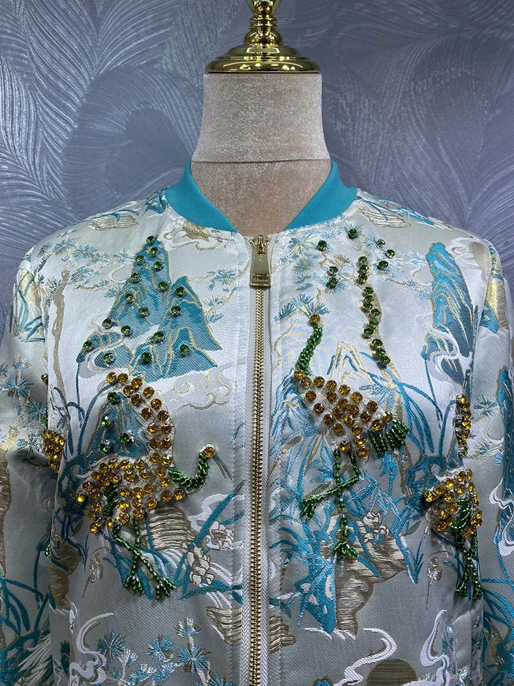 DLDENGHAN Diamanti Perline Cappotti Per Le Donne O-Collo Tasche A Maniche Lunghe Stile Cinese Jacquard Tuta Sportiva Autunno Femmine