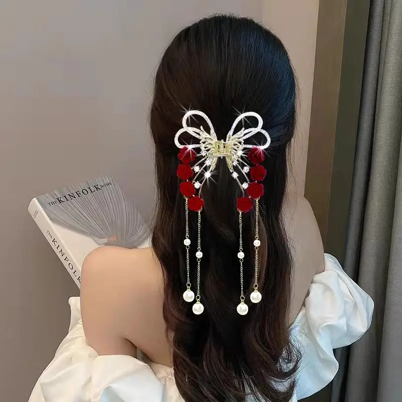 

Female Red Rose Alloy Tassel Fashion Temperament Hair Claw for Women Shark Hair Clip At The Back of The Head Hair Accessories