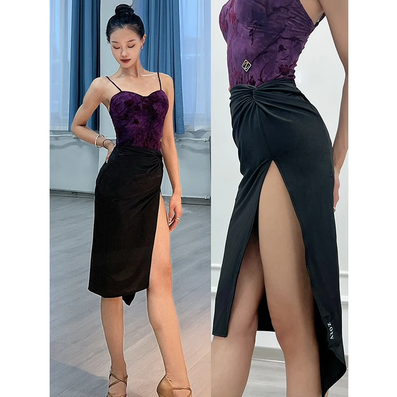 

Sexy Slit Latin Dance Skirt Women Rumba Tango Dance Clothes Adult Latin Practice Clothing Black Skirts Salsa Dance Wear DNV21586