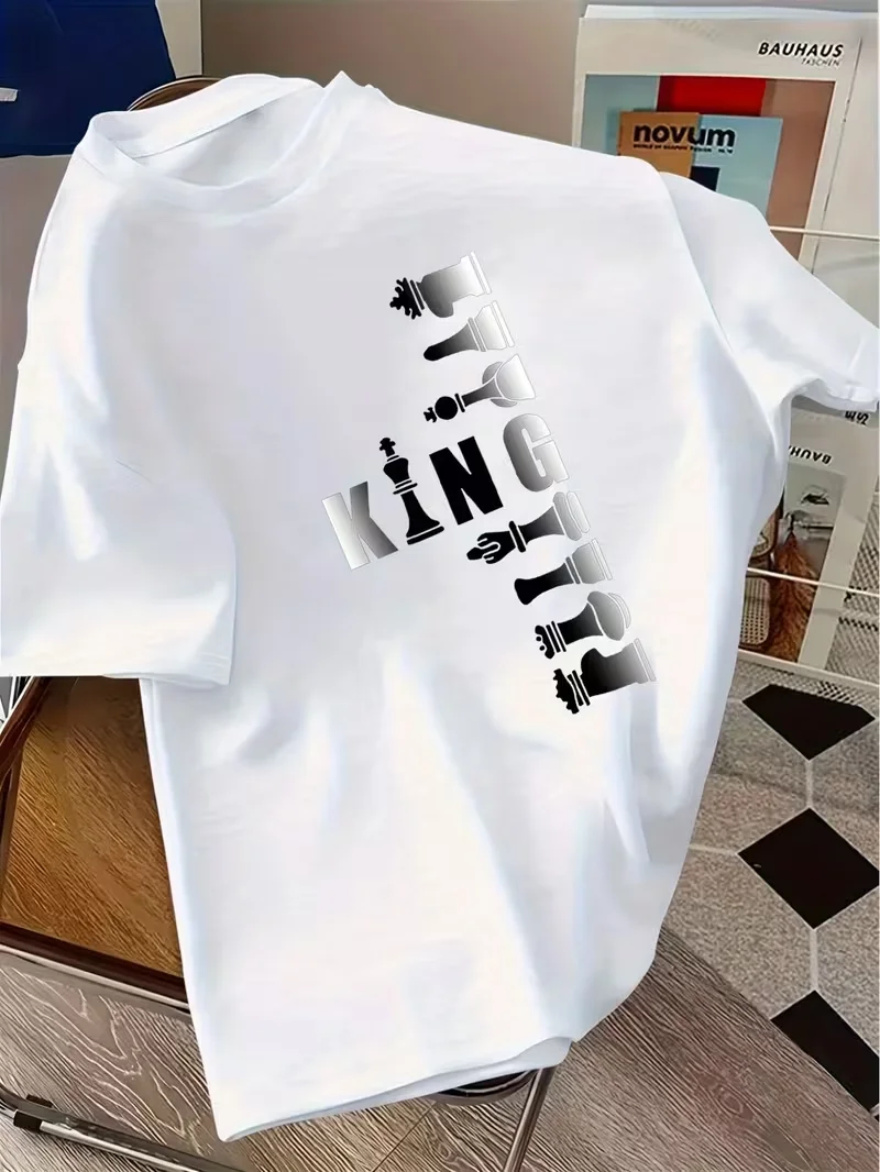 Chess Themed 'S T-Shirt  Summer Short Sleeve Casual Top With Creative Letter Print, Regular Fit, Crew Neck Unisex Casual Tops