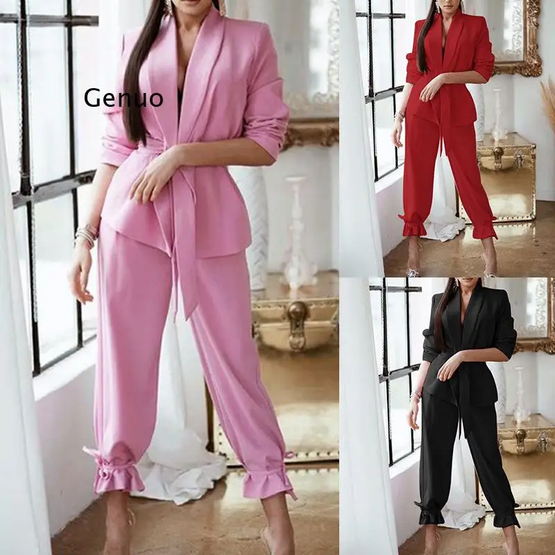 Women Blazers Two Piece Set OL Elegant Suit Solid Shawl Collar Belt Suit Jacket  Ruffles Ankle Banded Pencil Pants New Tracksuit