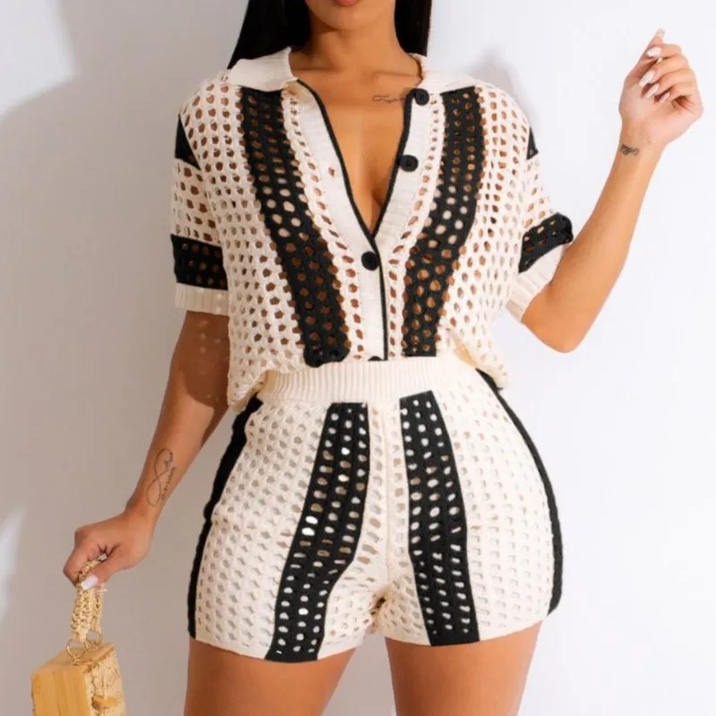 

Vintage Shorts Set Sexy Women's Cutout Sheer Collared Striped Knit Two-Piece Hollowed Shorts Set Trendy Loungewear