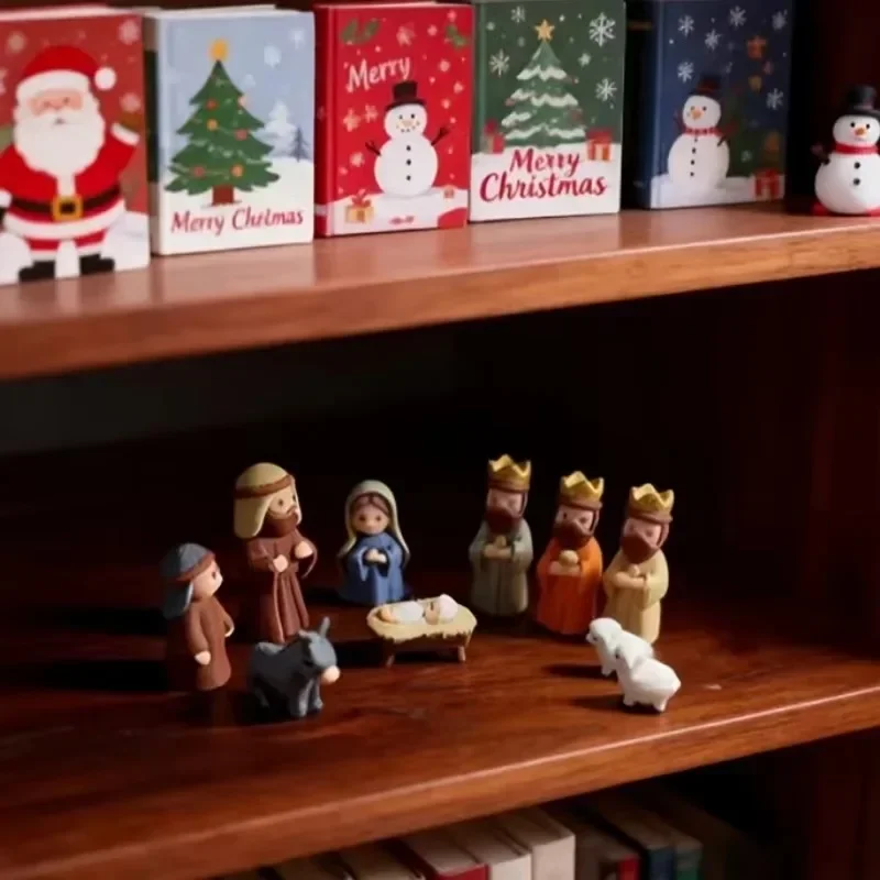 Kleines Weihnachtskrippenset in Eisenbox mit Tasche, Heilige Familie, Maria, Jesus, Hirtenfigur, Tierfiguren, Weihnachts- und Osterdekoration für den Schreibtisch, Geschenk – Detail 6