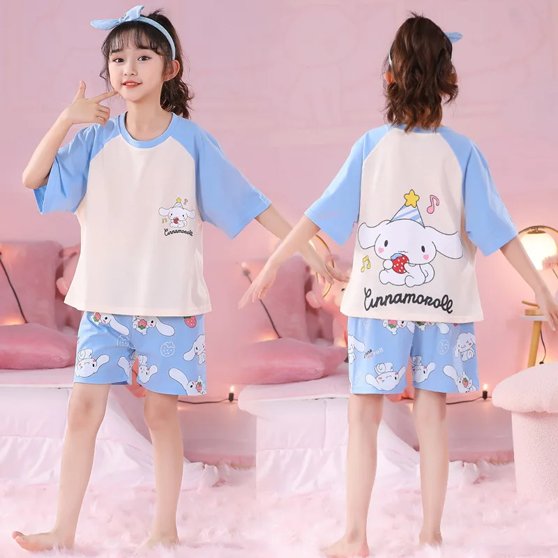 Sanrio Mädchen Pyjamas und Pyjamas Sommer neue reine Baumwolle Kurzarm Rundhals ausschnitt Dünn anzug Home Wear Kuromi meine Melodie Mädchen Geschenk