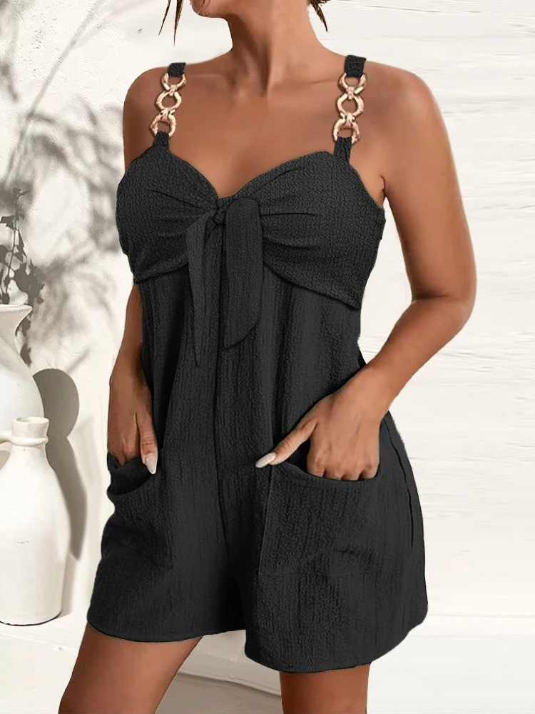 

Summer Chain Strap Pocket Design Knotted Jumpsuit Women Casual Sweetheart Plain Short Sleeve Daily Romper Female Overall