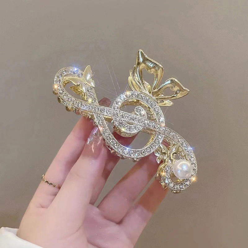 Women Elegant Music Note Shape Hair Clips Luxury Rhinestone Ponytail Claw Clip image 4